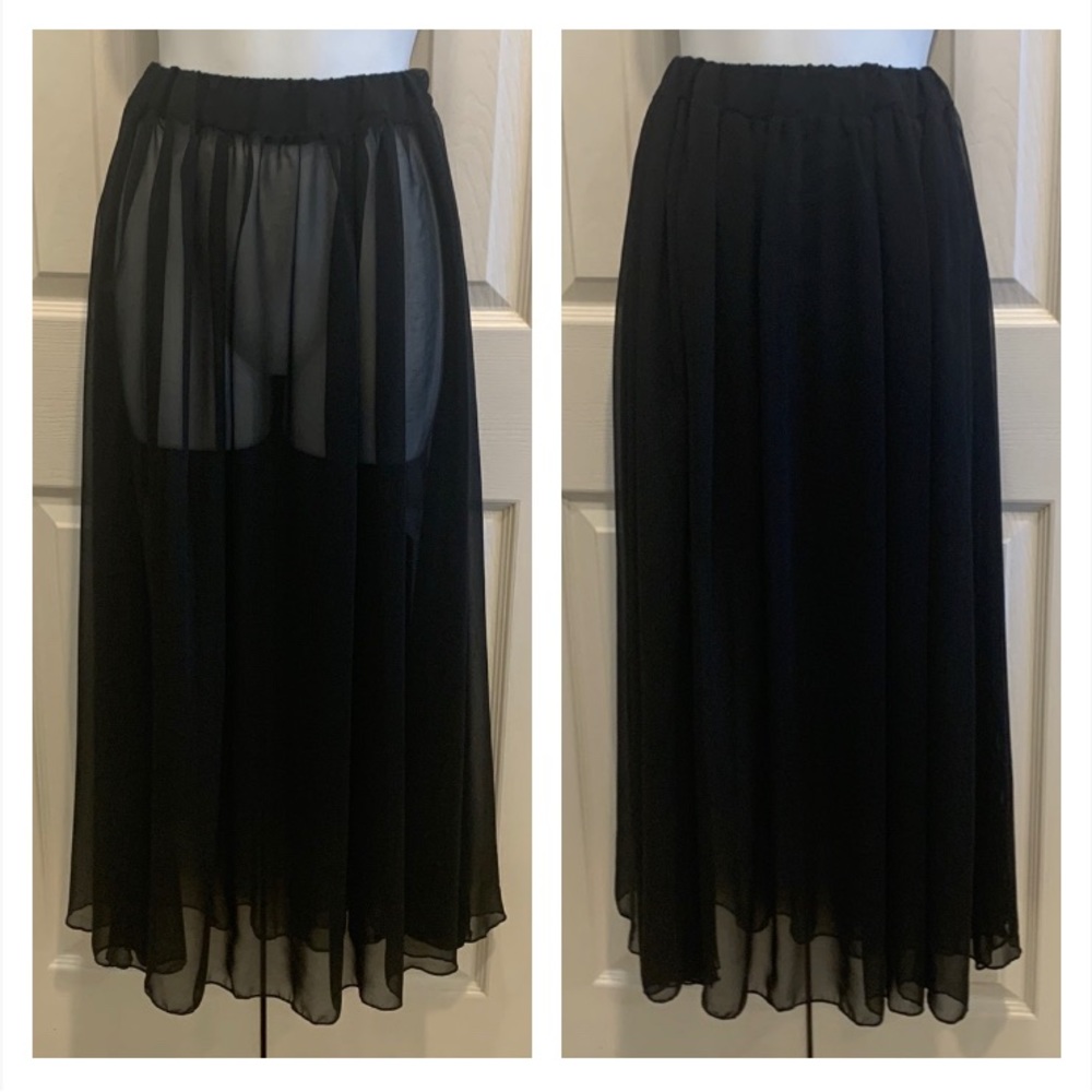 Black Sheer Long Gathered Skirt
